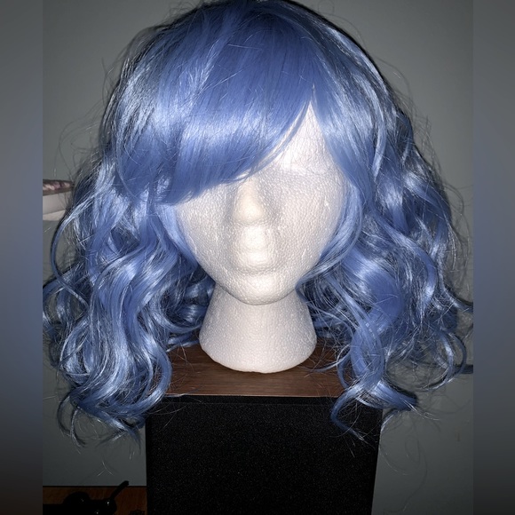 Other - Light blue curly synthetic Bob wig with bangs Basic cap new HF